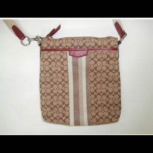 COACH Signature Fabric Cross Body Bag Tan and Red.